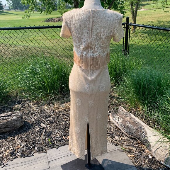 Vintage Maxi Dress Metallic Gold Lace Fringe Mother of the Bride Evening Gown - Picture 9 of 16